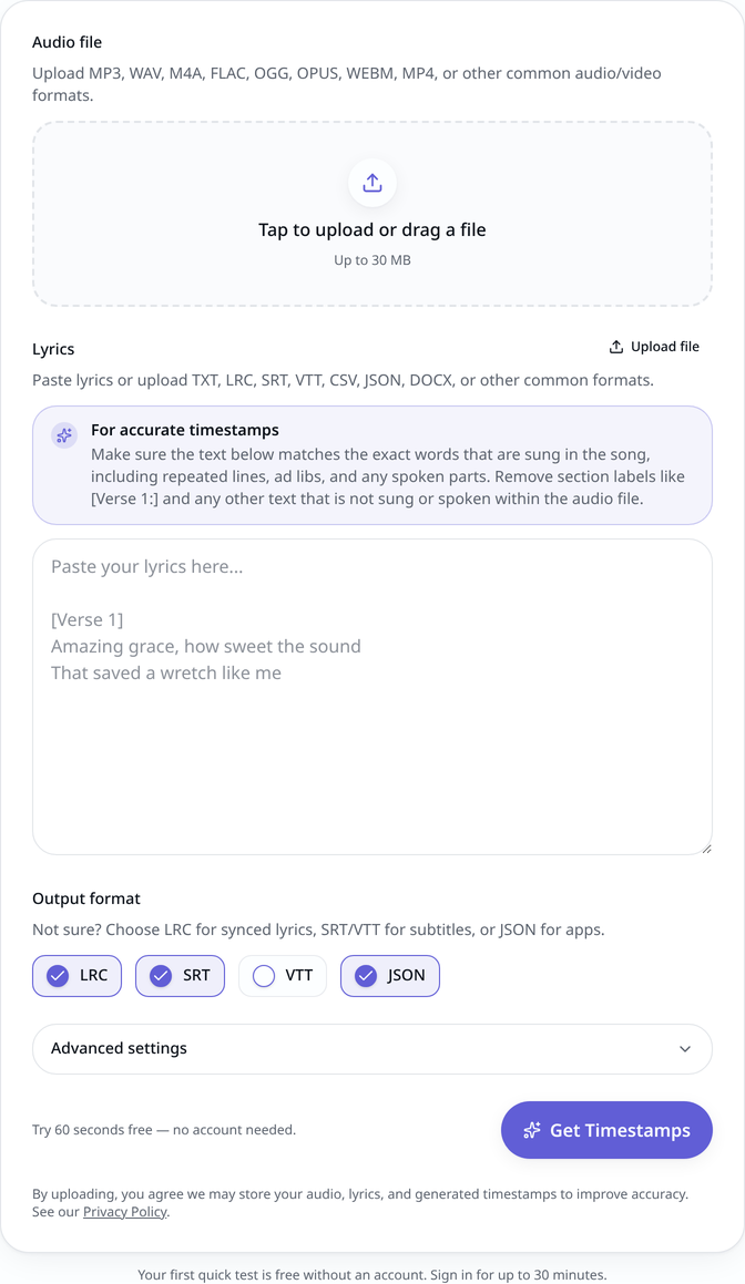 The LyricTimestamps generator with fields for an audio file, pasted lyrics, and output format checkboxes for LRC, SRT, VTT, and JSON.